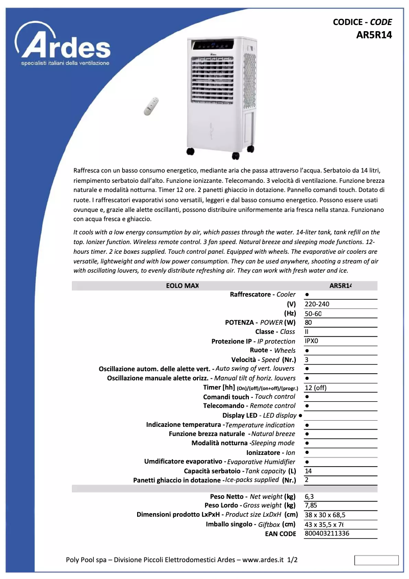 Page 1 de la notice Fiche technique Ardes AR5R14