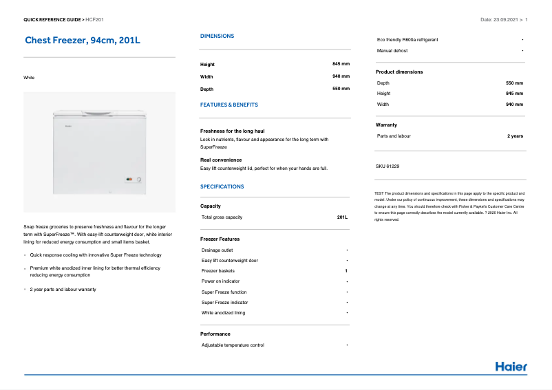 Page n°1 - Manuel utilisateur Haier HCF201