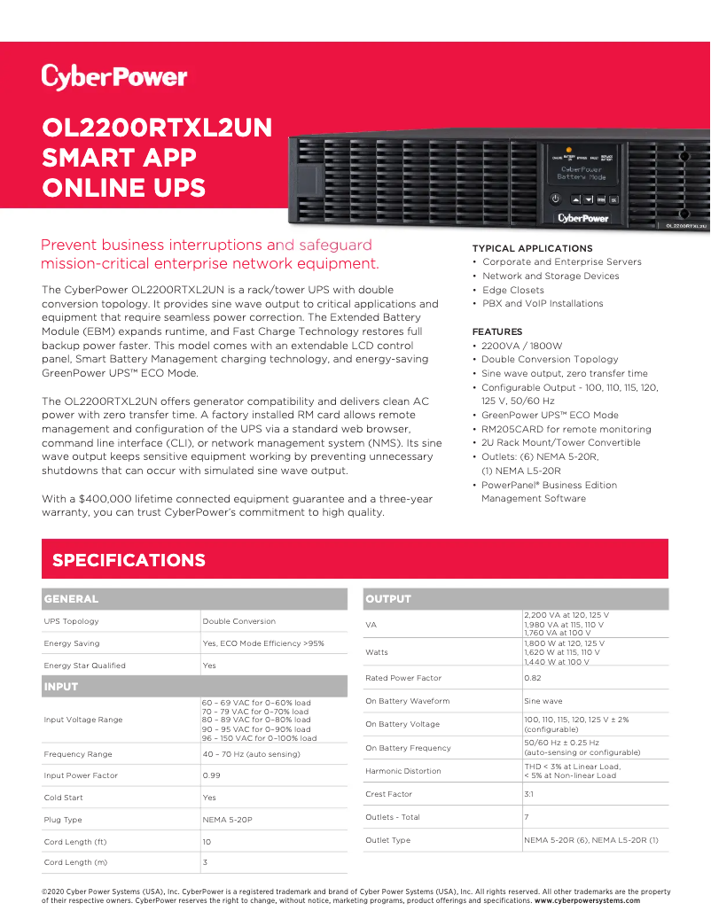 Page 1 de la notice Fiche technique CyberPower OL2200RTXL2UN