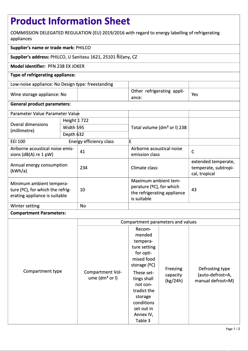 Page 1 de la notice Fiche technique Philco PFN 238 EX JOKER