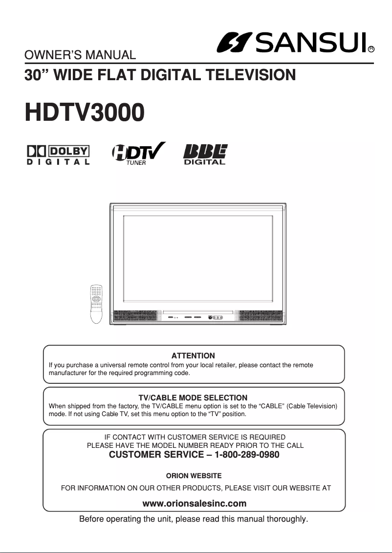 Page n°1 - Manuel utilisateur Sansui HDTV3000