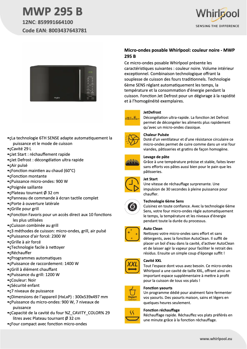 Page 1 de la notice Fiche technique Whirlpool MWP 295 B