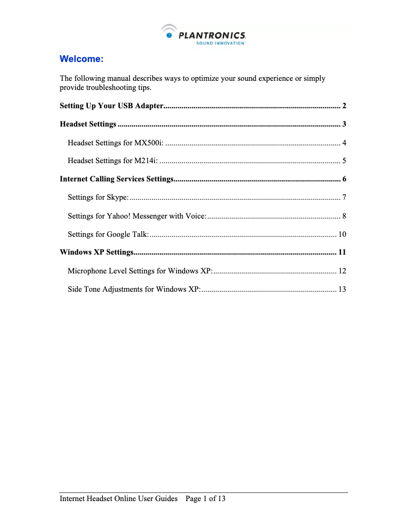 Page n°1 - Manuel utilisateur Plantronics MX500i