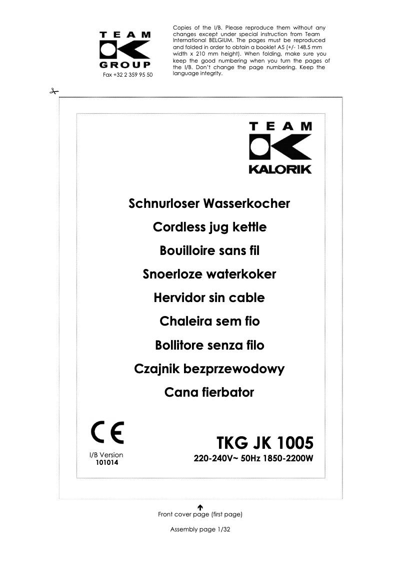 Image de la première page du manuel de l'appareil TKG JK 1005