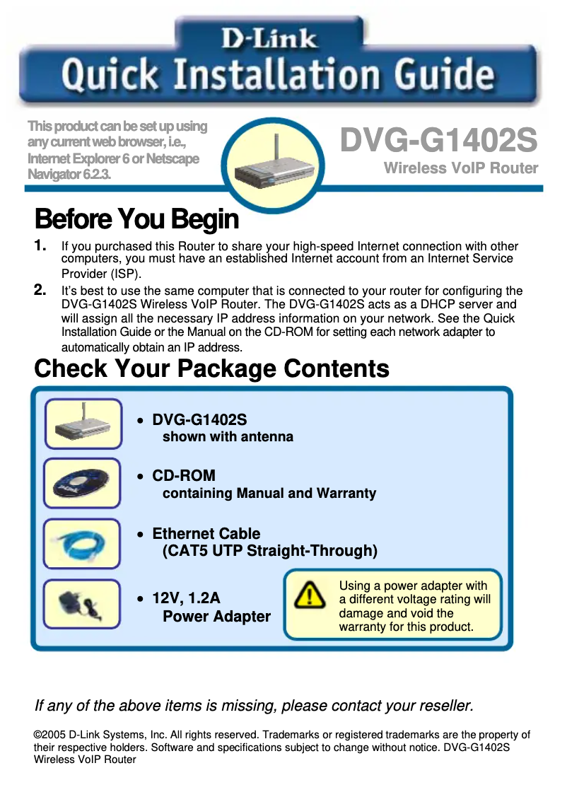 Page 1 de la notice Guide de démarrage rapide D-Link DVG-G1402S