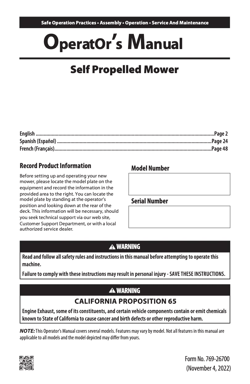 Page 1 de la notice Manuel utilisateur Troy-Bilt TB240K XP