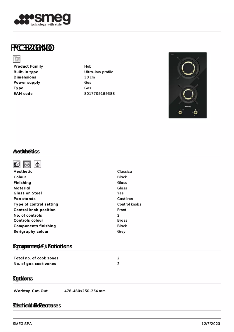 Page 1 de la notice Fiche technique Smeg PC32GNO