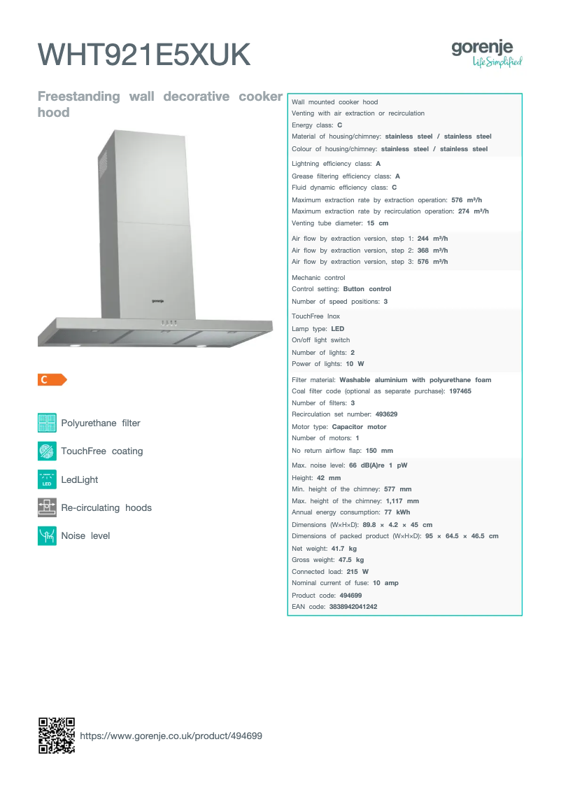 Page n°1 - Fiche technique Gorenje WHT921E5XUK