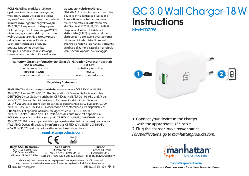 Page 1 de la notice Manuel utilisateur Manhattan 102285