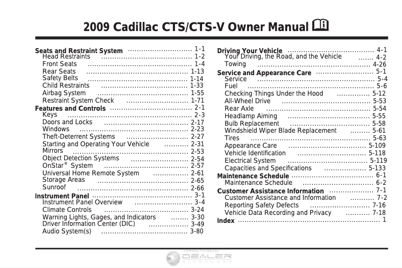 Page 1 de la notice Manuel utilisateur Cadillac CTS-V (2009)