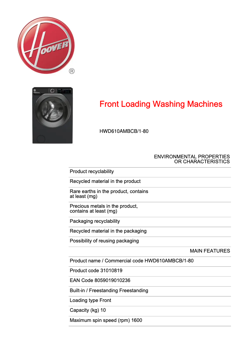 Page 1 de la notice Fiche technique Hoover H-WASH 500 HWD610AMBCB/1-80H-WASH 500