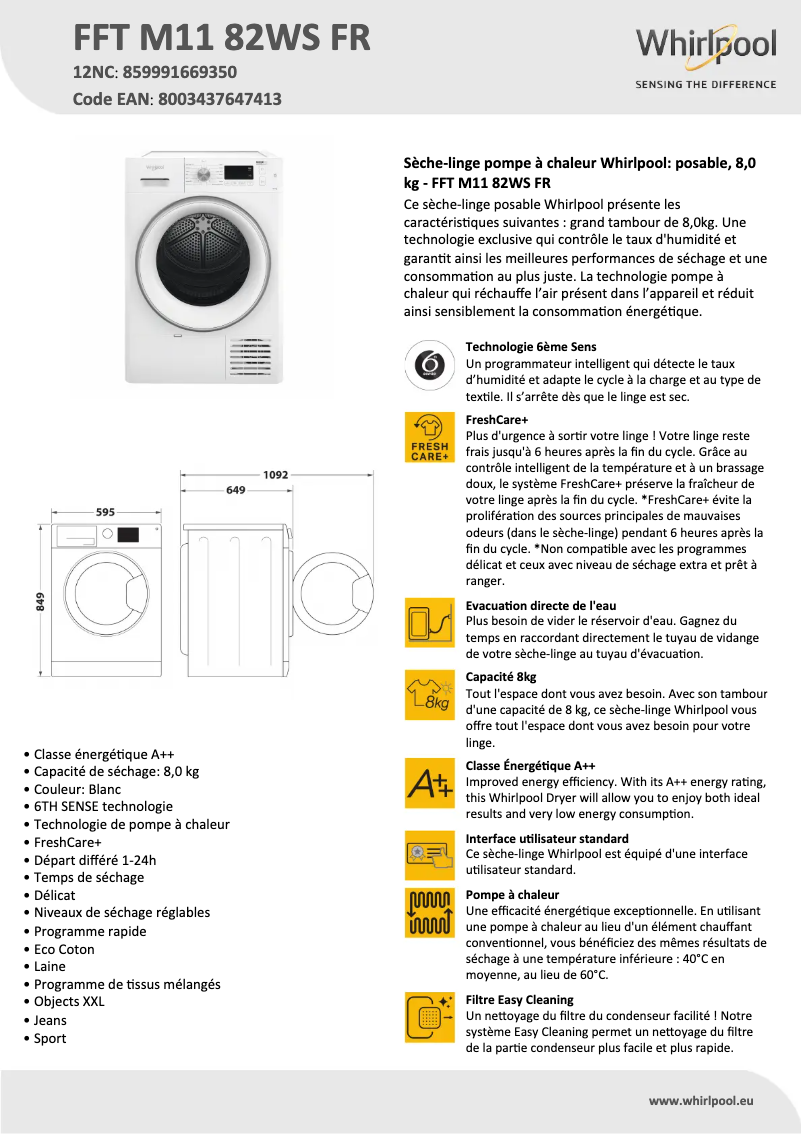 Página 1 del manual Ficha técnica Whirlpool FFT M11 82WS FR