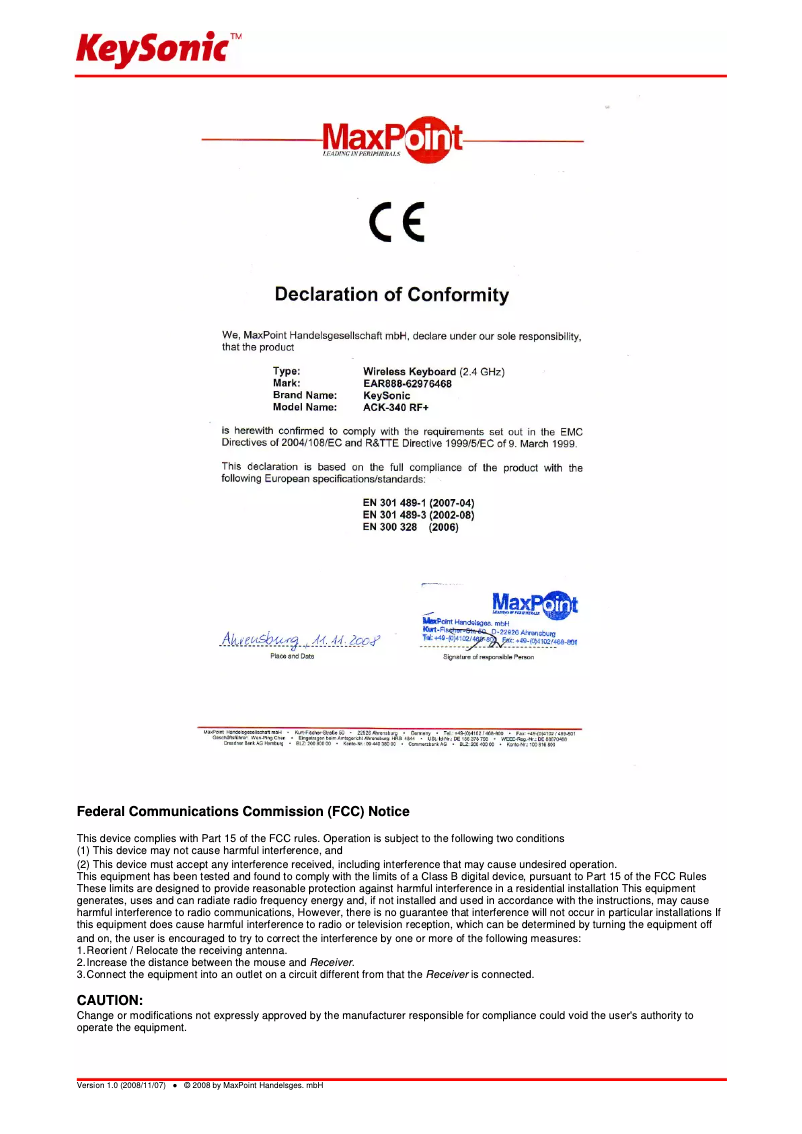 Page 1 de la notice Manuel utilisateur KeySonic ACK-340 RF+
