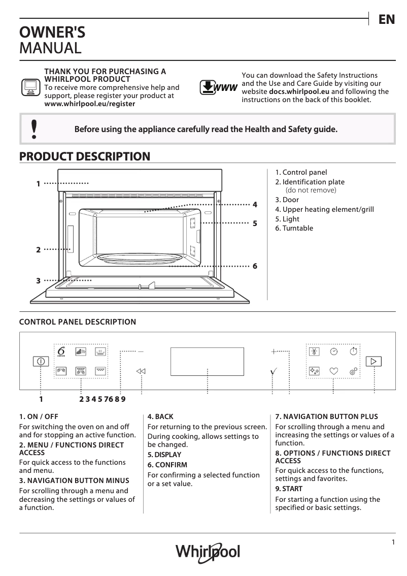 Page 1 de la notice Guide d'installation Whirlpool W6 MD440 BSS