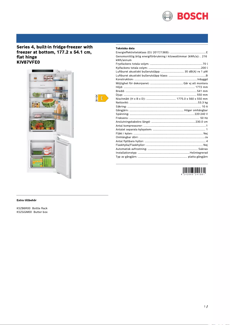 Page 1 of the manual Technical Sheet Bosch KIV87VFE0