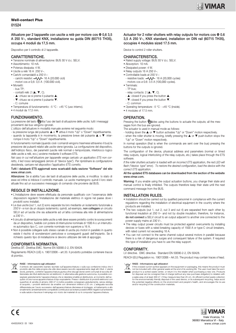 Page 1 de la notice Manuel utilisateur Vimar 01524