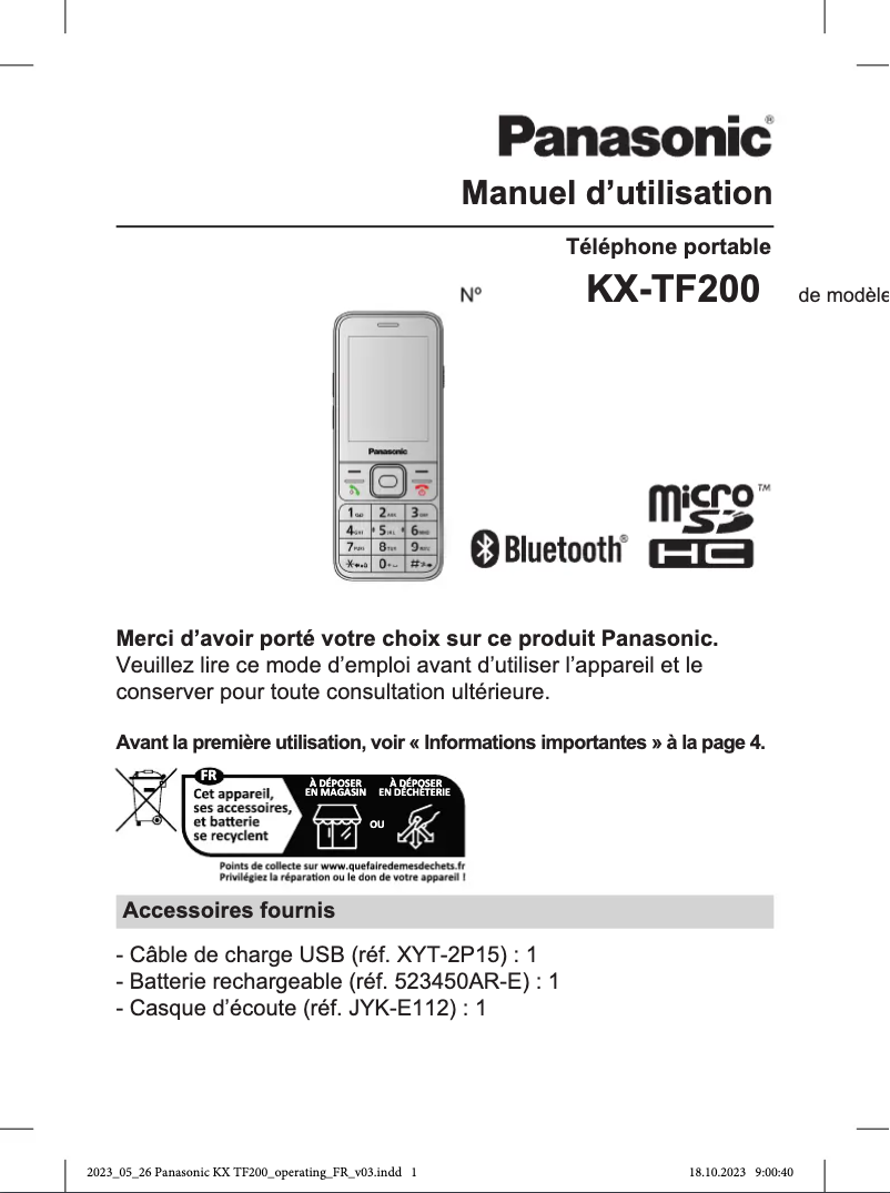 Image de la première page du manuel de l'appareil KX-TF200