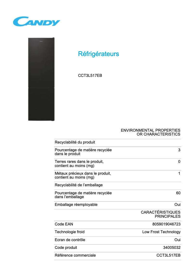 Page 1 de la notice Fiche technique Candy CCT3L517EB