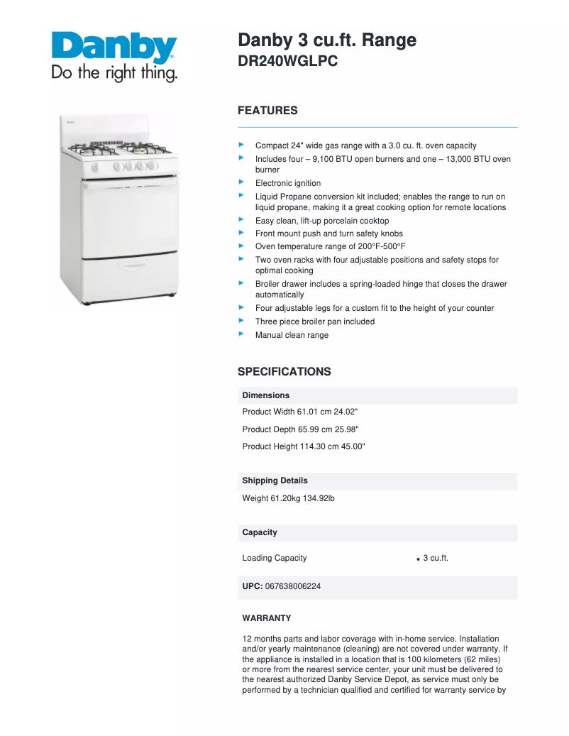 Page 1 de la notice Fiche technique Danby DR240WGLPC