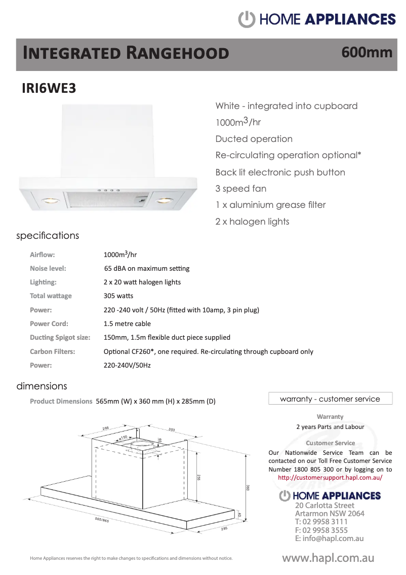 Page 1 de la notice Fiche technique ARC IRI6WE3