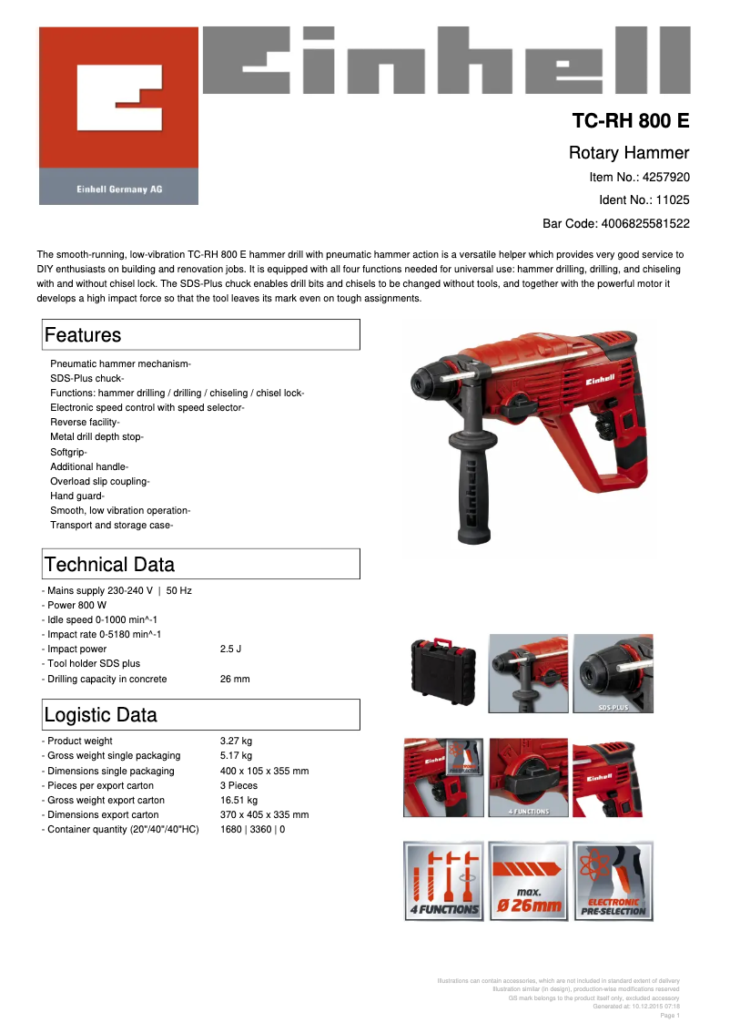 Page n°1 - Fiche technique Einhell TC-RH 800 E