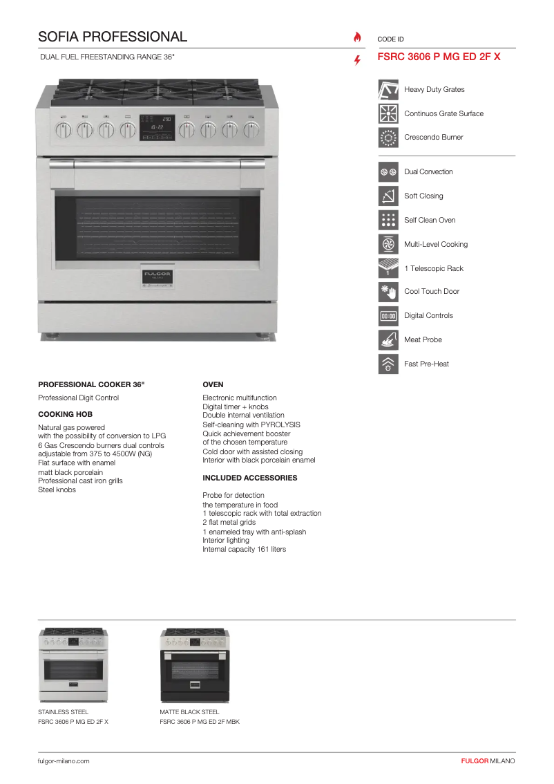 Page 1 de la notice Fiche technique Fulgor Milano FSRC 3606 P MG ED 2F MBK