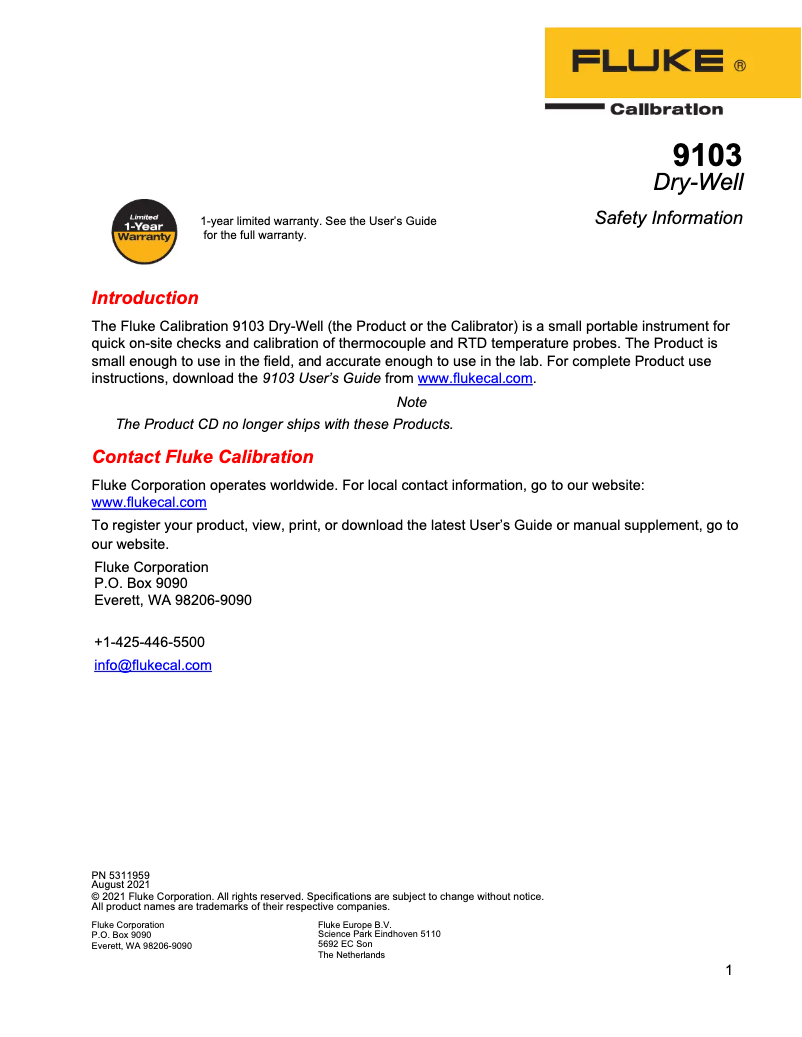 Page 1 de la notice Instructions de sécurité Fluke 9103