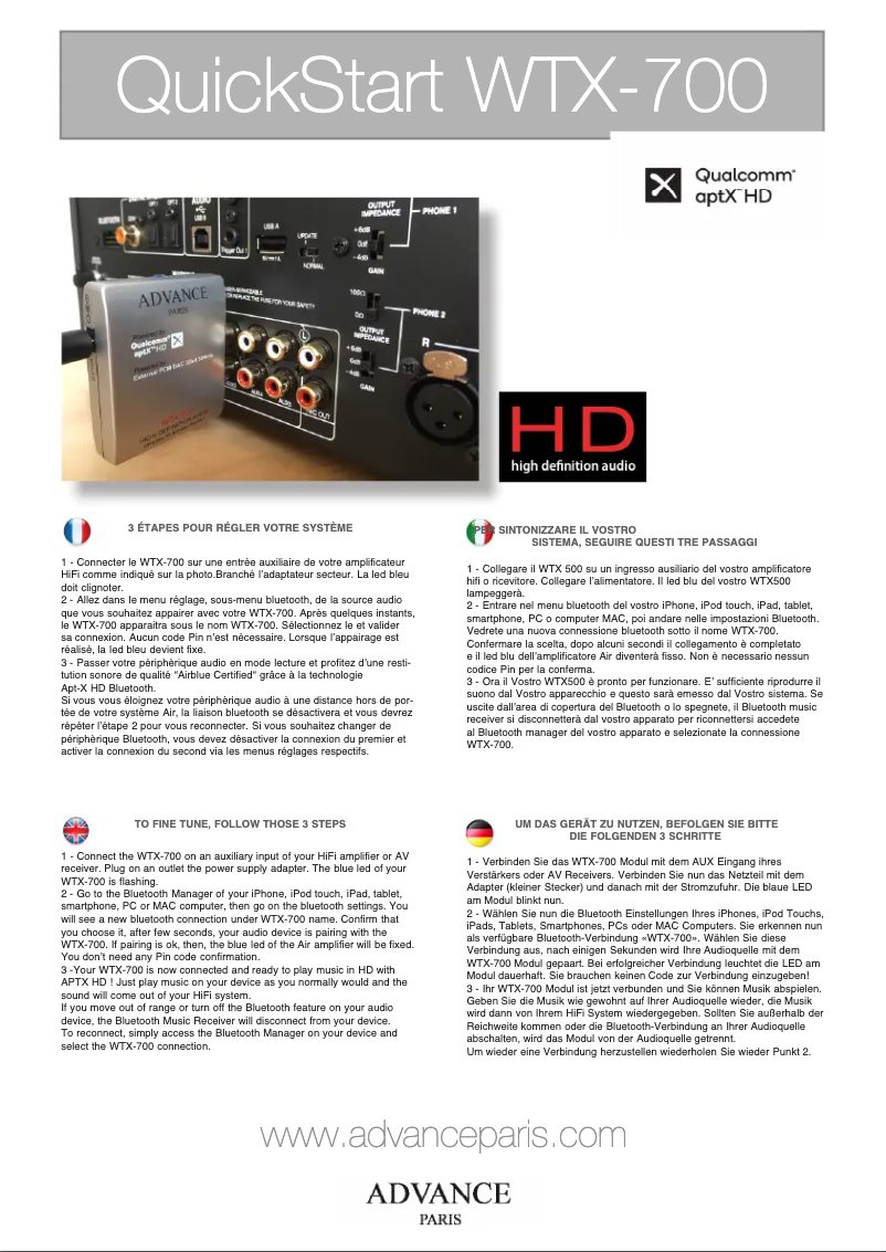 Page 1 de la notice Manuel utilisateur Advance WTX-700