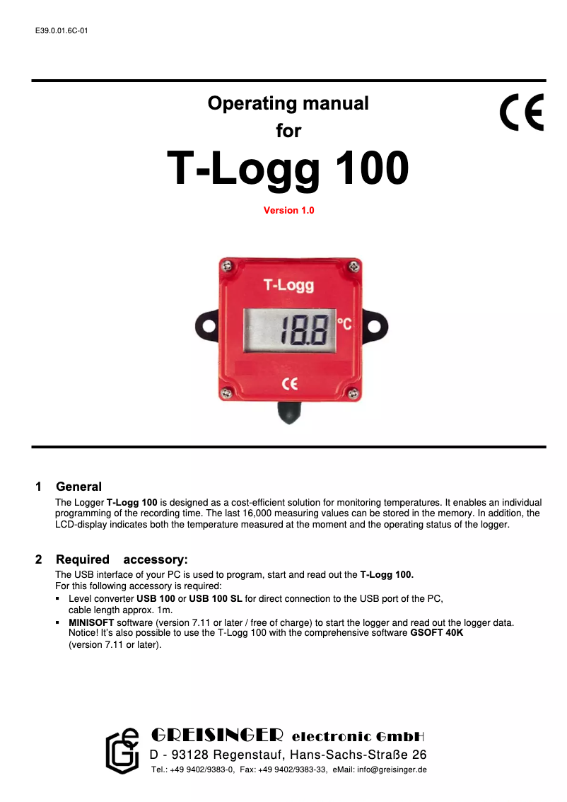 Page n°1 - Manuel utilisateur Greisinger T-Logg 100