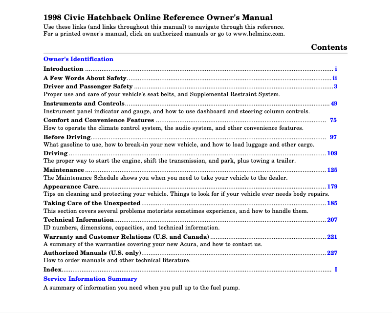 Page 1 de la notice Manuel utilisateur Honda Civic Sedan (1998)