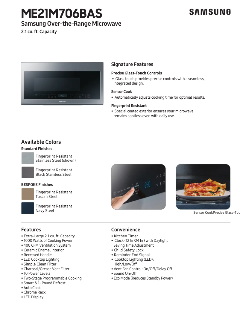 Page 1 de la notice Fiche technique Samsung ME21A706BQN
