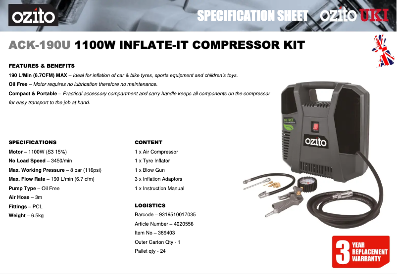 Page 1 de la notice Fiche technique Ozito ACK-190U