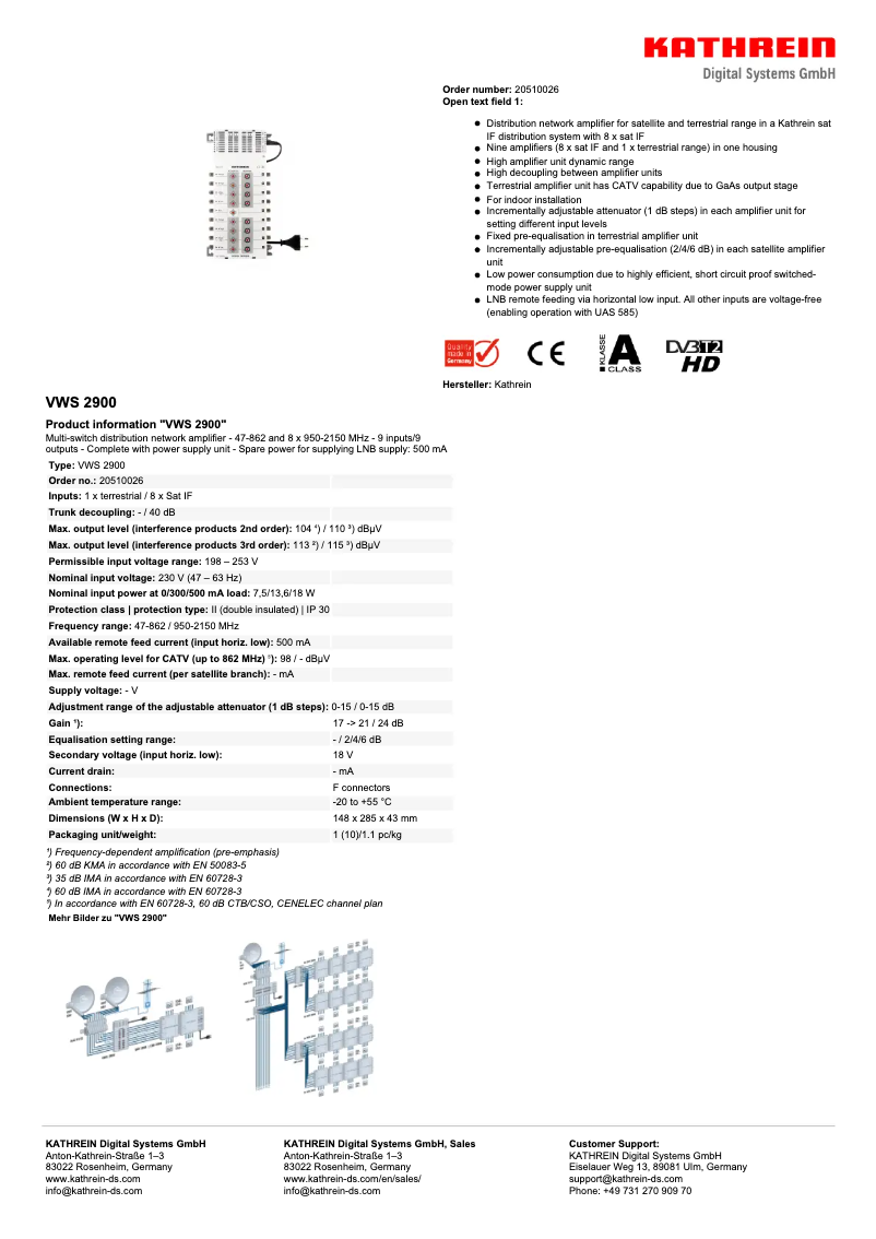 Page 1 de la notice Fiche technique Kathrein VWS 2900
