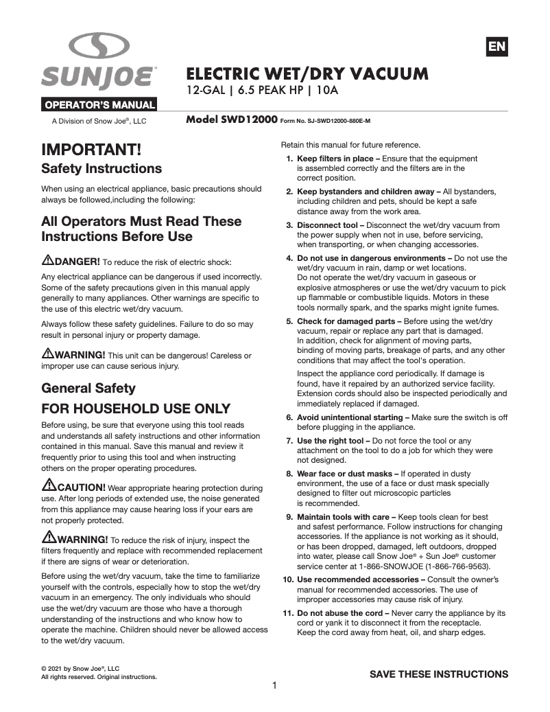 Page n°1 - Manuel utilisateur Sun Joe SWD12000