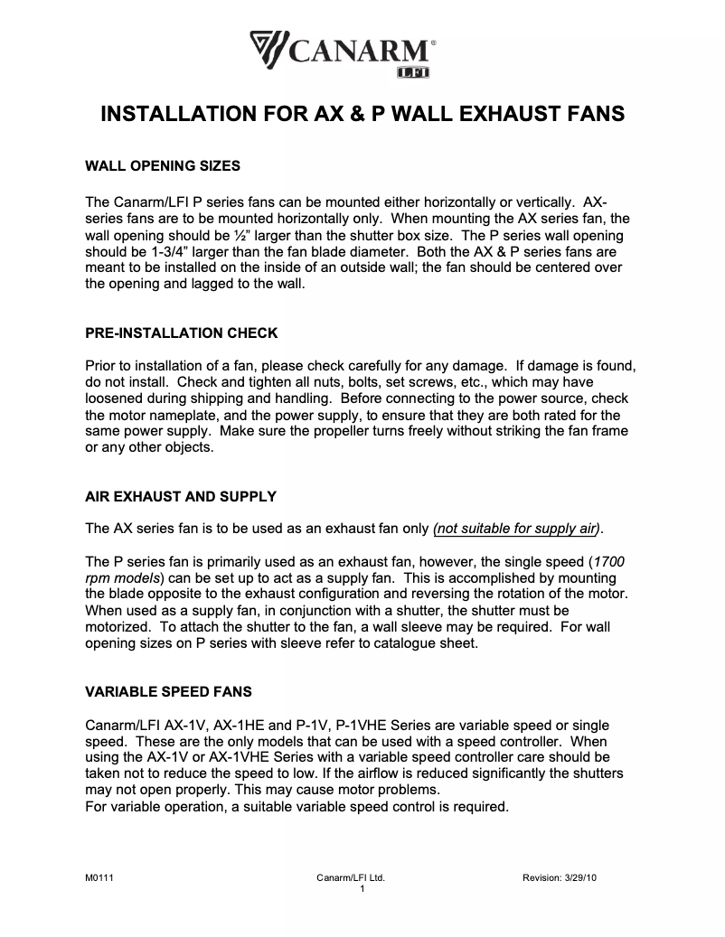 Page 1 de la notice Manuel utilisateur Canarm AX36-7