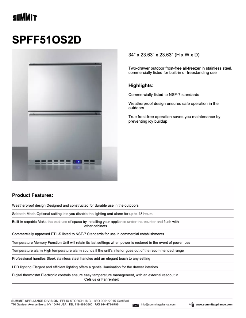 Página 1 del manual Ficha técnica Summit SPFF51OS2D