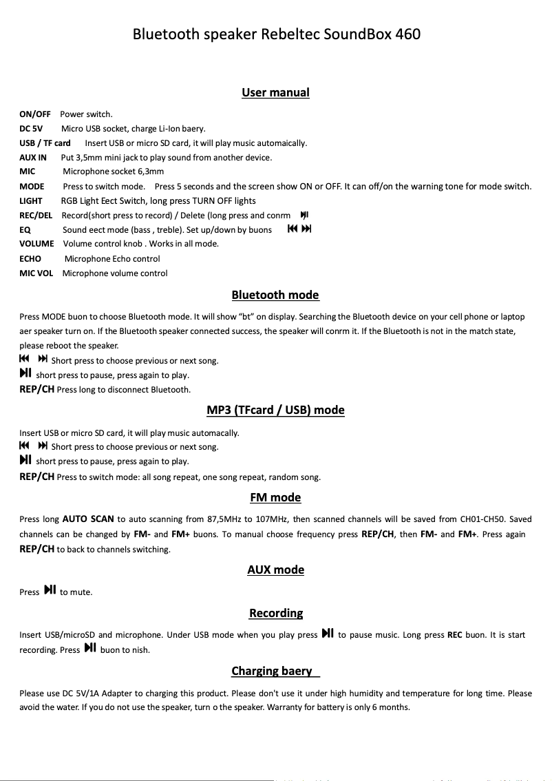 Page 1 de la notice Manuel utilisateur Rebeltec SoundBox 460