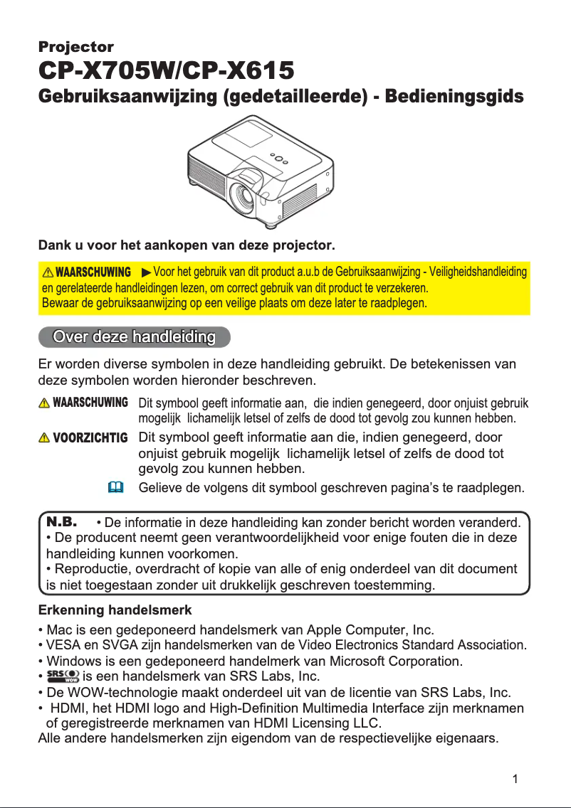 Page 1 de la notice Manuel utilisateur Hitachi CP-X705W