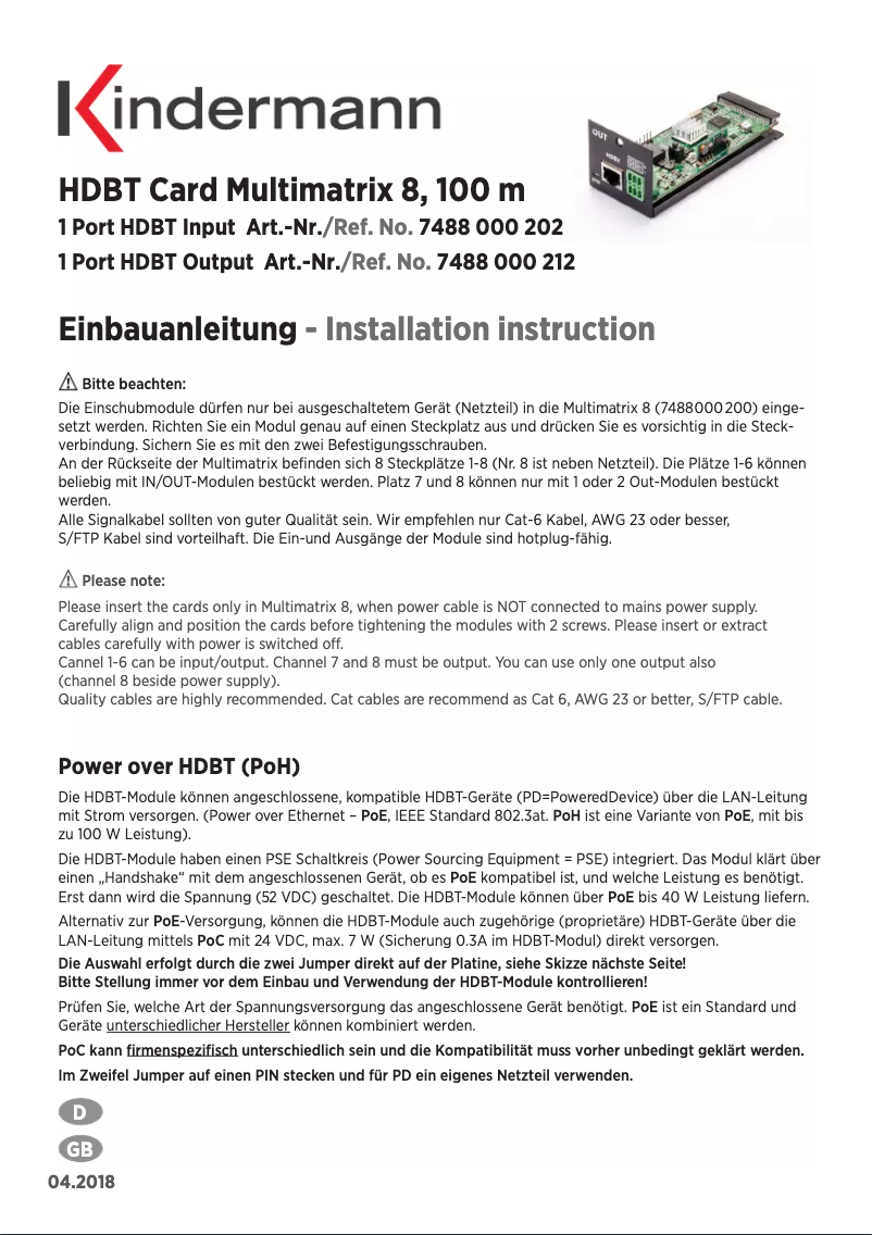 Page 1 de la notice Manuel utilisateur Kindermann  1 Port HDBT Input Card Multimatrix 8