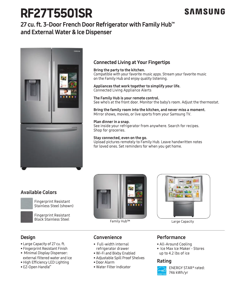Page 1 de la notice Fiche technique Samsung RF27T5501SG/AA