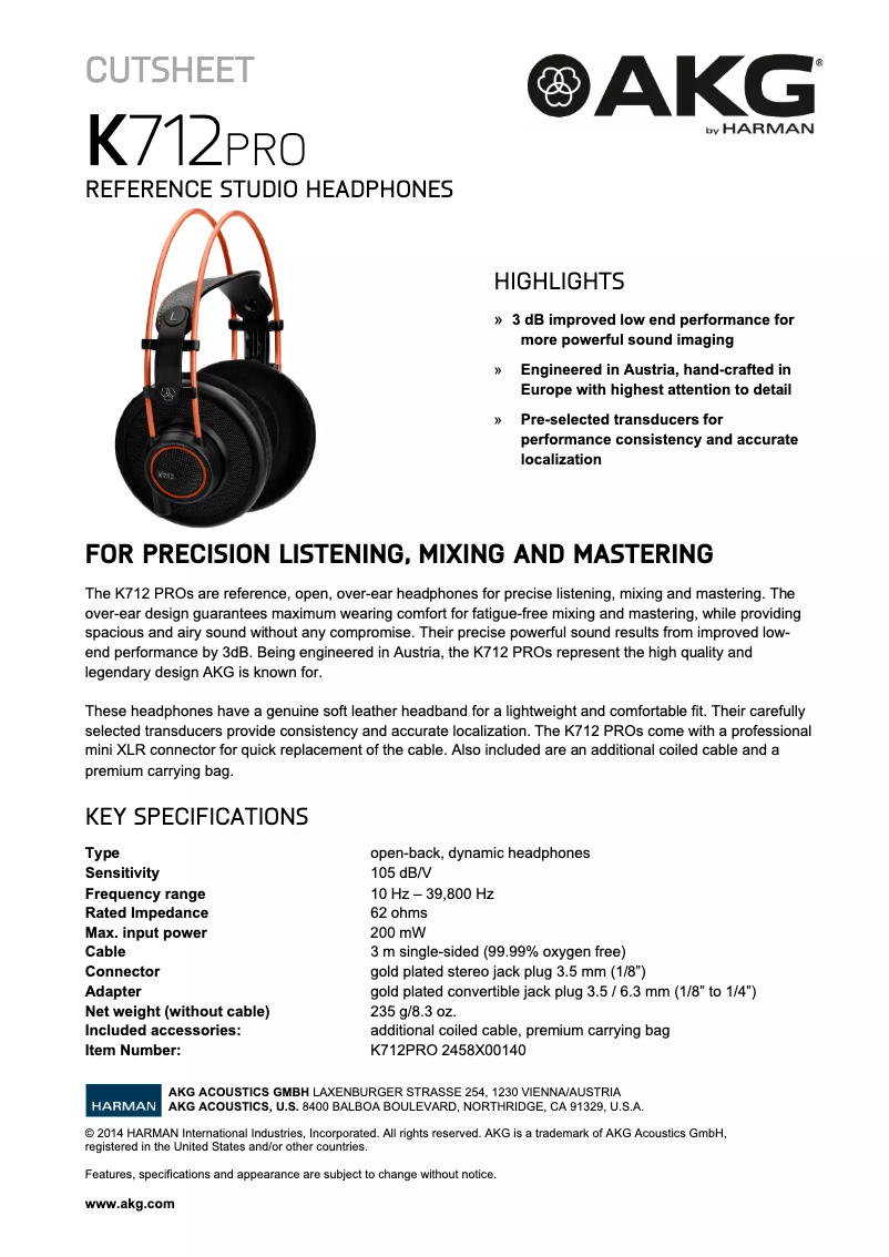 Page 1 de la notice Brochure AKG K712 PRO