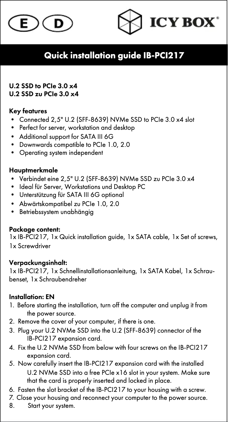 Page 1 de la notice Manuel utilisateur Icy Box IB-PCI217