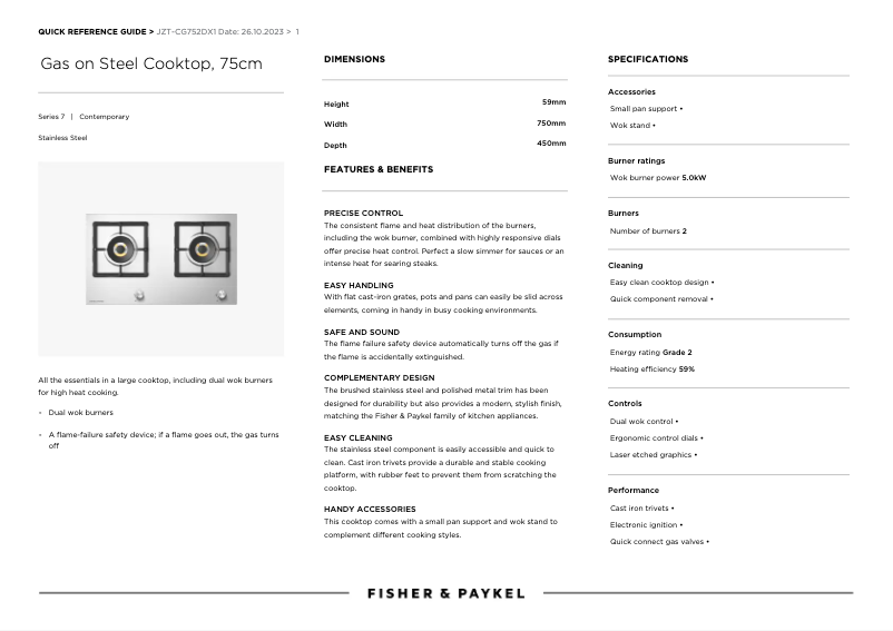 Page 1 de la notice Manuel utilisateur Fisher & Paykel JZT-CG752DX1