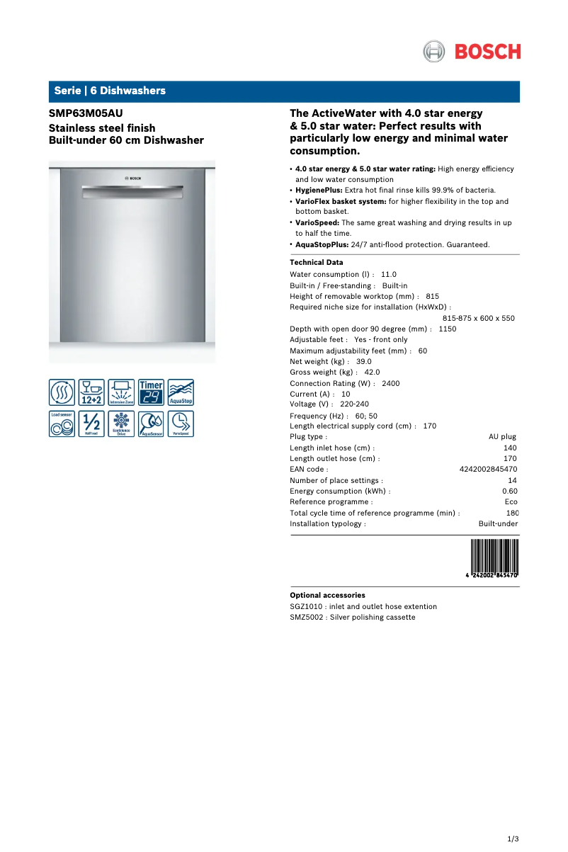 Page n°1 - Fiche technique Bosch SMP63M05AU