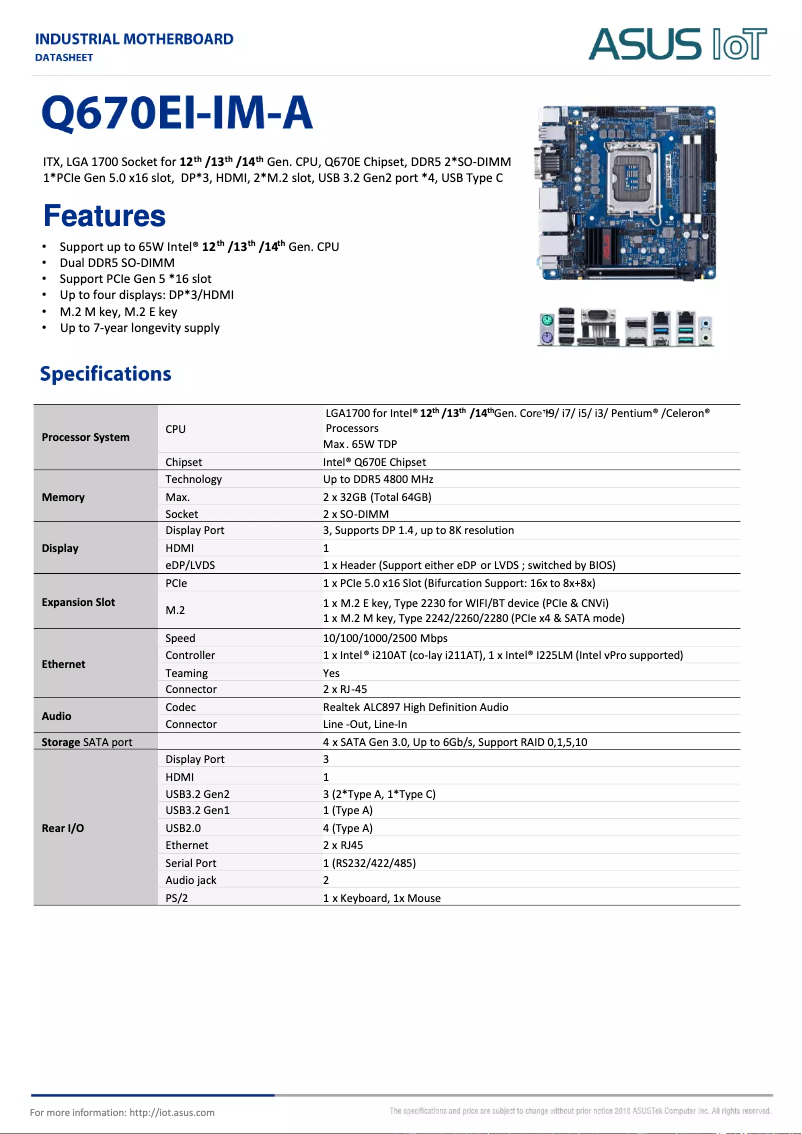 Page 1 de la notice Fiche technique Asus Q670EI-IM-A