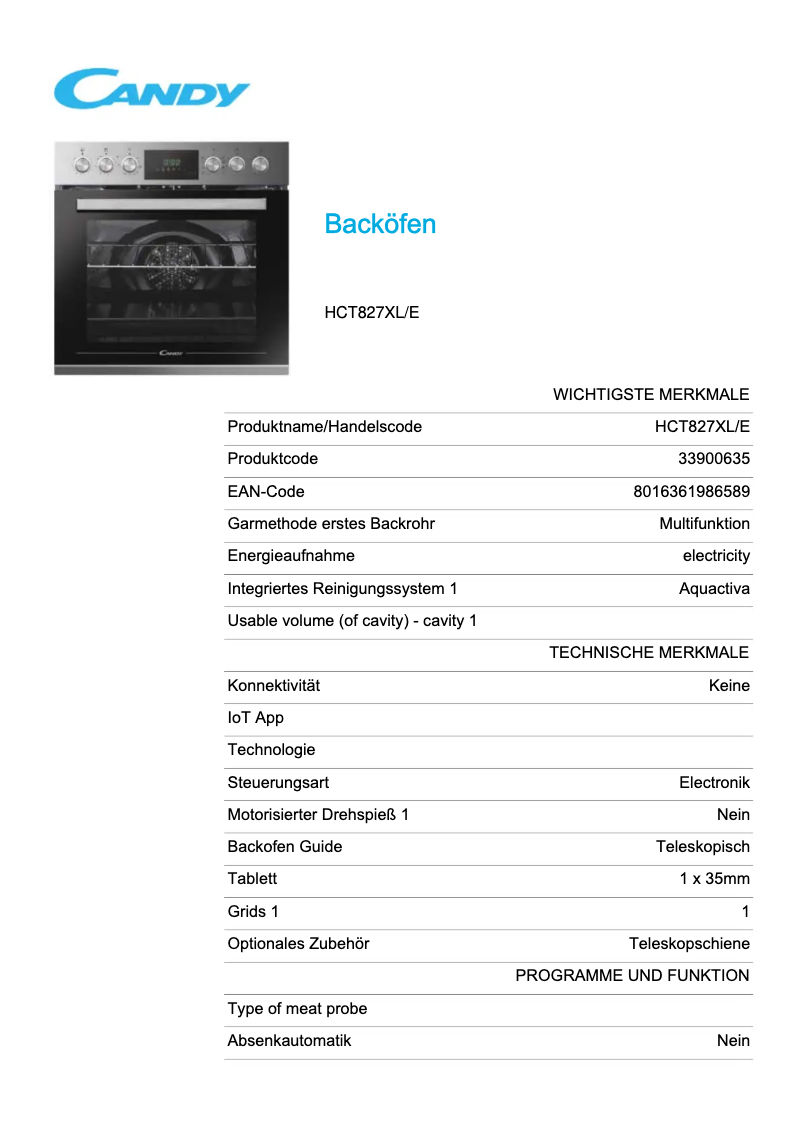 Page 1 de la notice Fiche technique Candy HCT827XL/E