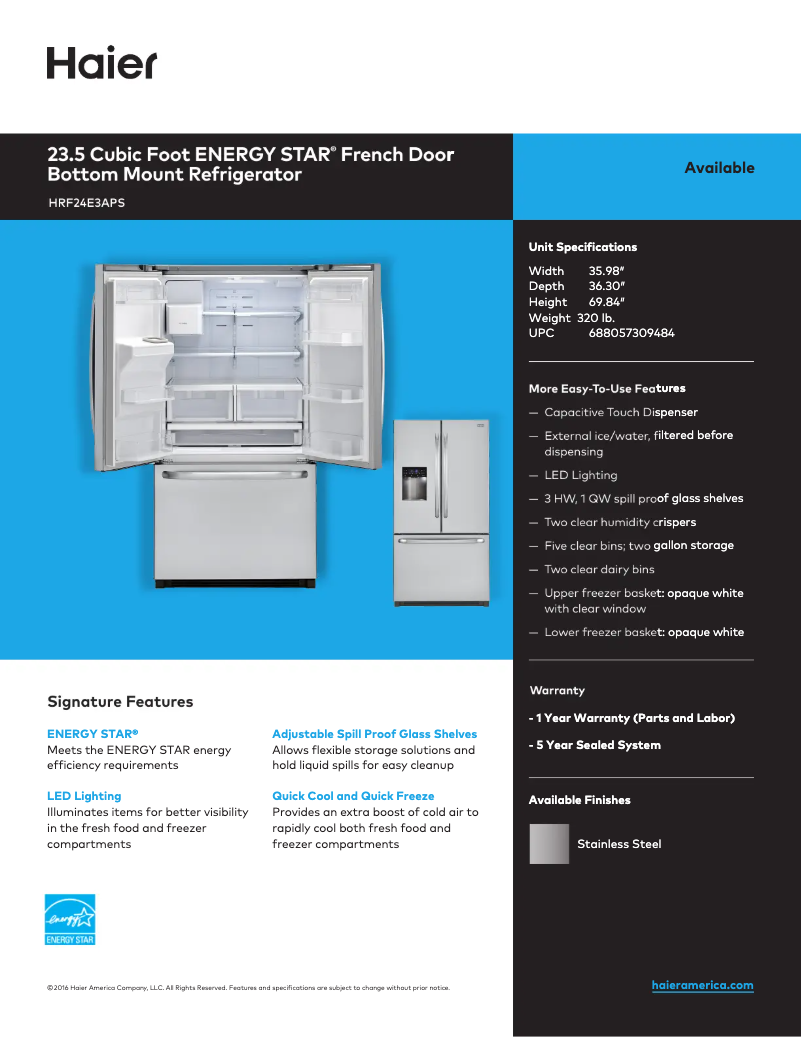 Page 1 de la notice Fiche technique Haier HRF24E3APS