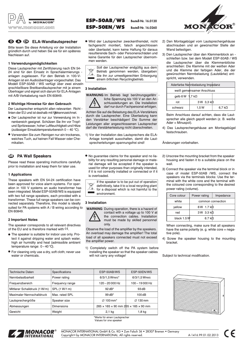 Page 1 de la notice Manuel utilisateur Monacor ESP-50EN/WS