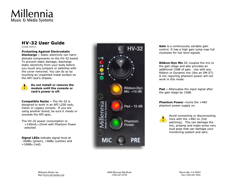 Page n°1 - Manuel utilisateur Millennia HV-32
