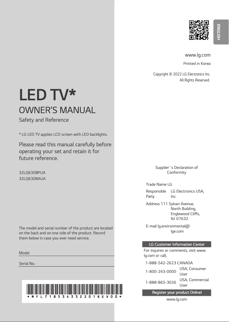 Image de la première page du manuel de l'appareil 32LQ630BPUA